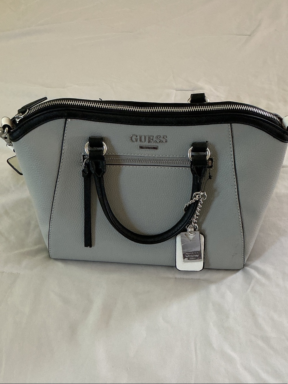 GUESS Light Grey and Black Top-Handle Satchel with Tag Charm